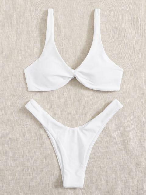 Solid Tie Bikini Padded Bra High Leg Bandage Push Up Bikini Set Brazilian Swimsuit Women Swimwear Rib Bikini Set High Cut Spaghetti Strap Two Piece Swimsuit Bathing Suit