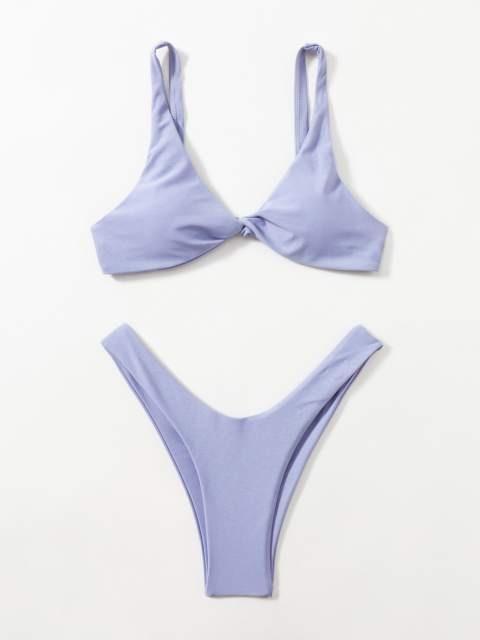 Solid Tie Bikini Padded Bra High Leg Bandage Push Up Bikini Set Brazilian Swimsuit Women Swimwear Rib Bikini Set High Cut Spaghetti Strap Two Piece Swimsuit Bathing Suit