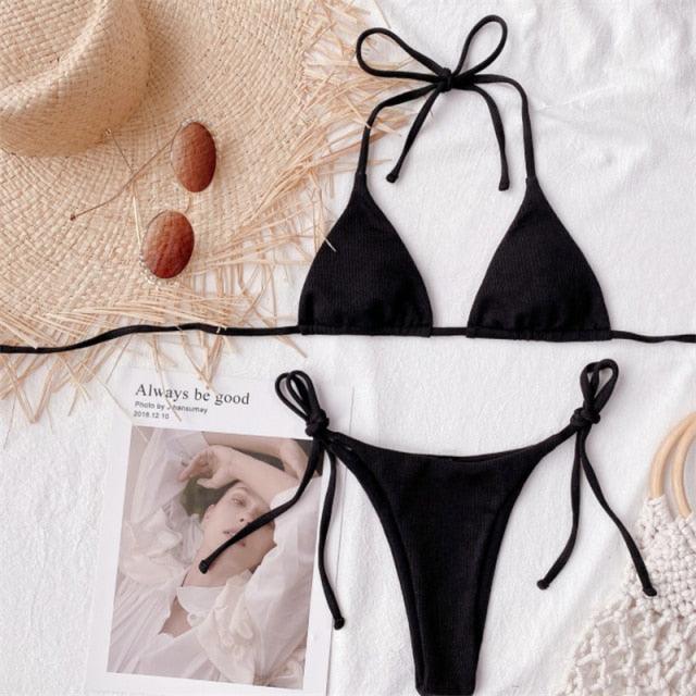 Solid Triangle Bikini Swimwear Women Bandage Backless Two Pieces Swimsuit Women Beachwear Set Women's Halter Triangle Bikini Thong Bottom Cheeky Two Piece Swimsuits