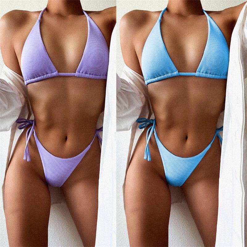 Solid Triangle Bikini Swimwear Women Bandage Backless Two Pieces Swimsuit Women Beachwear Set Women's Halter Triangle Bikini Thong Bottom Cheeky Two Piece Swimsuits