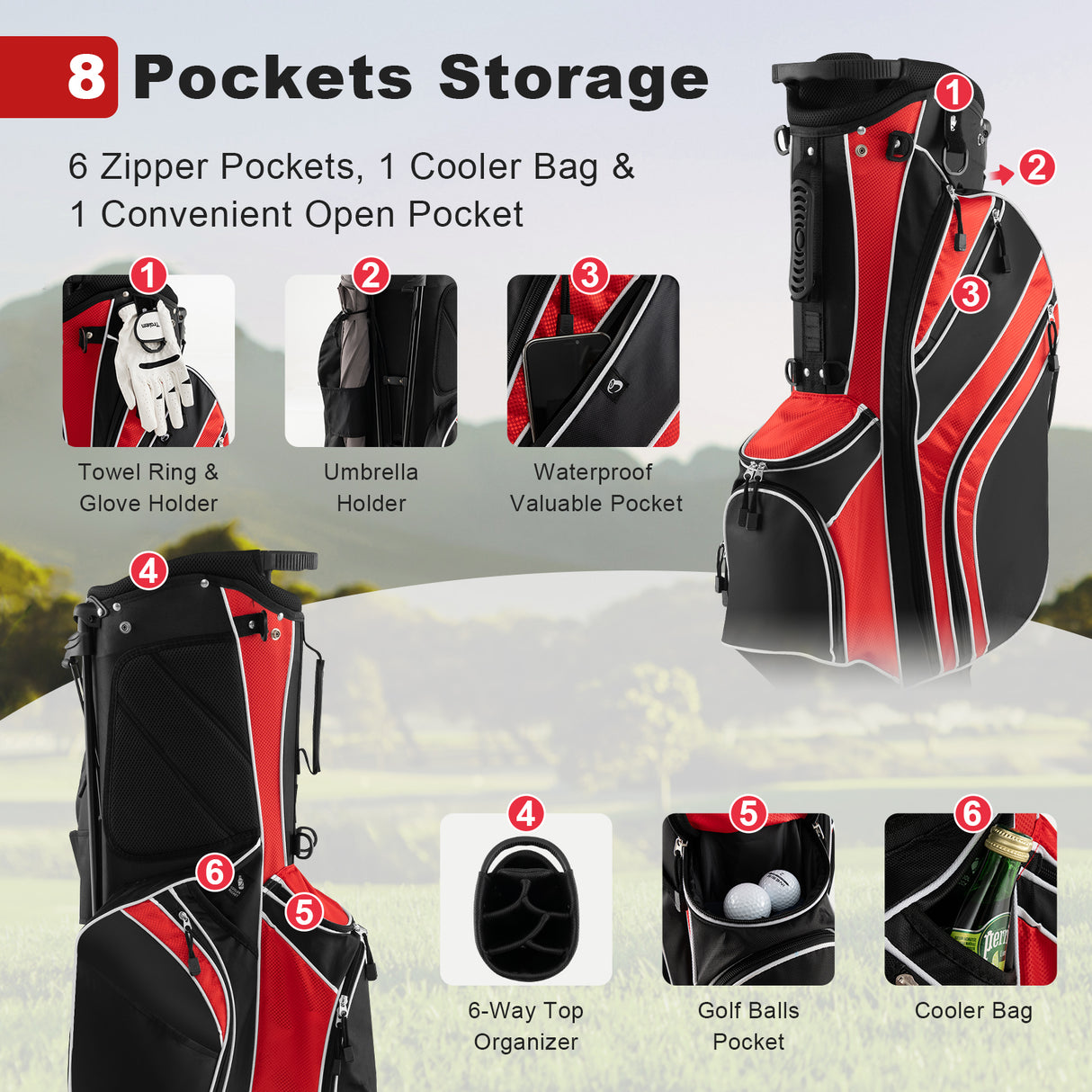 Golf Stand Cart Bag with 6-Way Divider Carry Pockets-Green