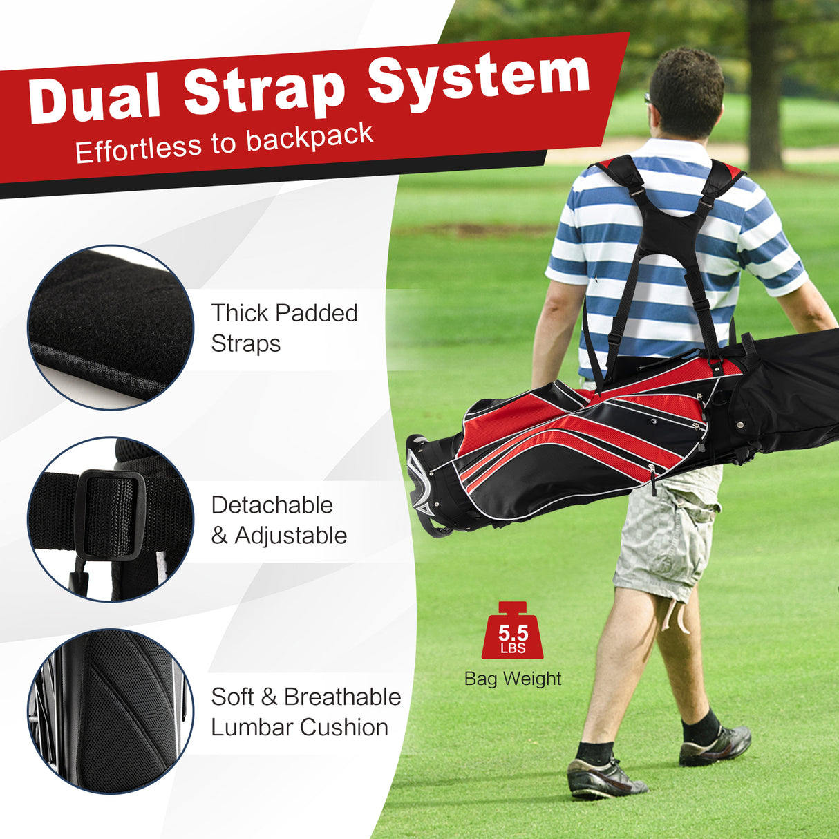 Golf Stand Cart Bag with 6-Way Divider Carry Pockets-Green