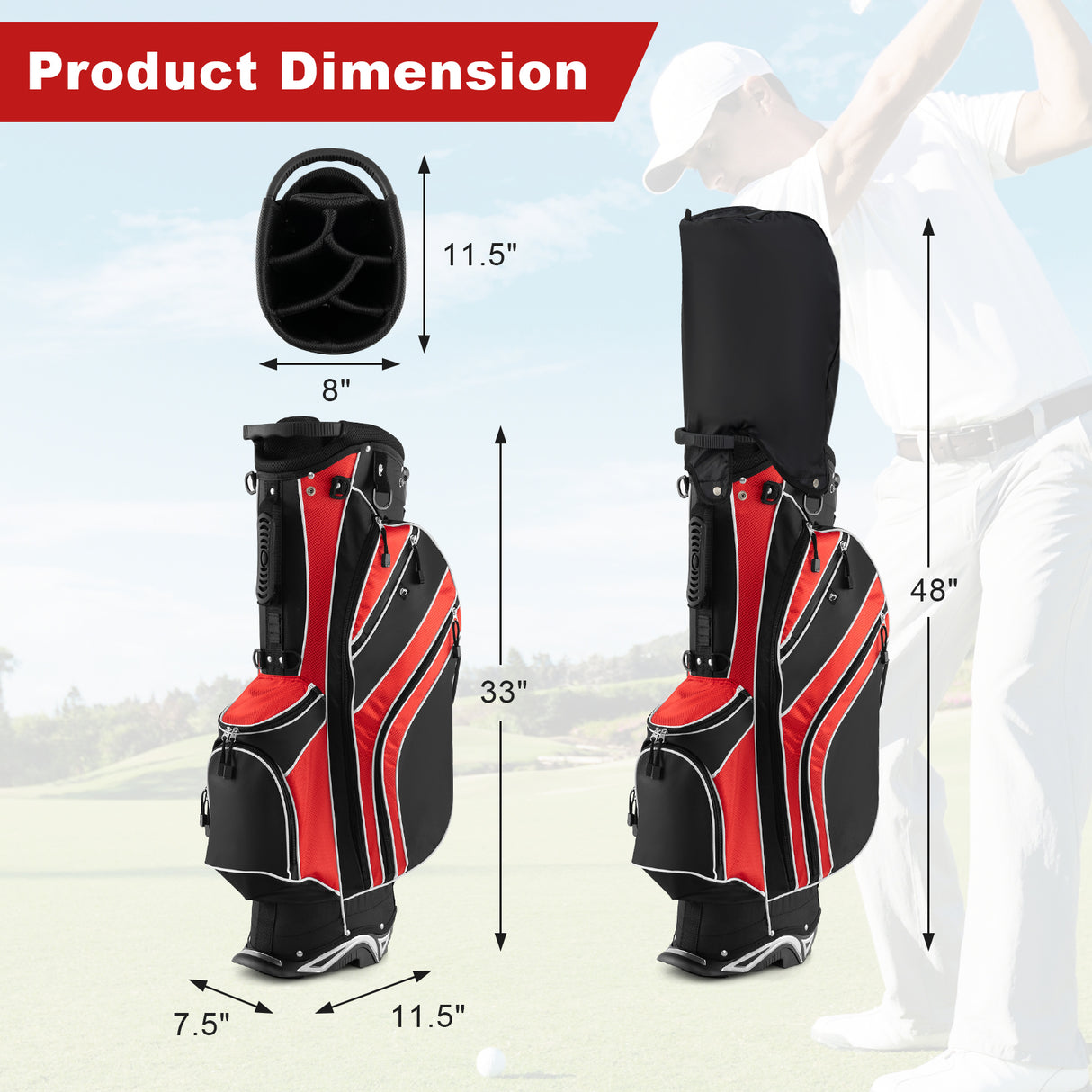 Golf Stand Cart Bag with 6-Way Divider Carry Pockets-Green