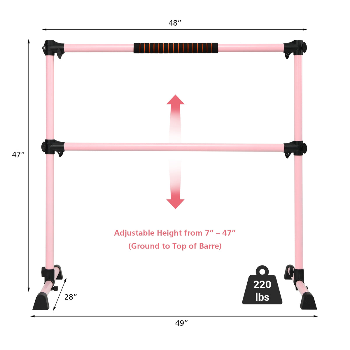 4 Feet Portable Ballet Barre with Adjustable Height-Pink
