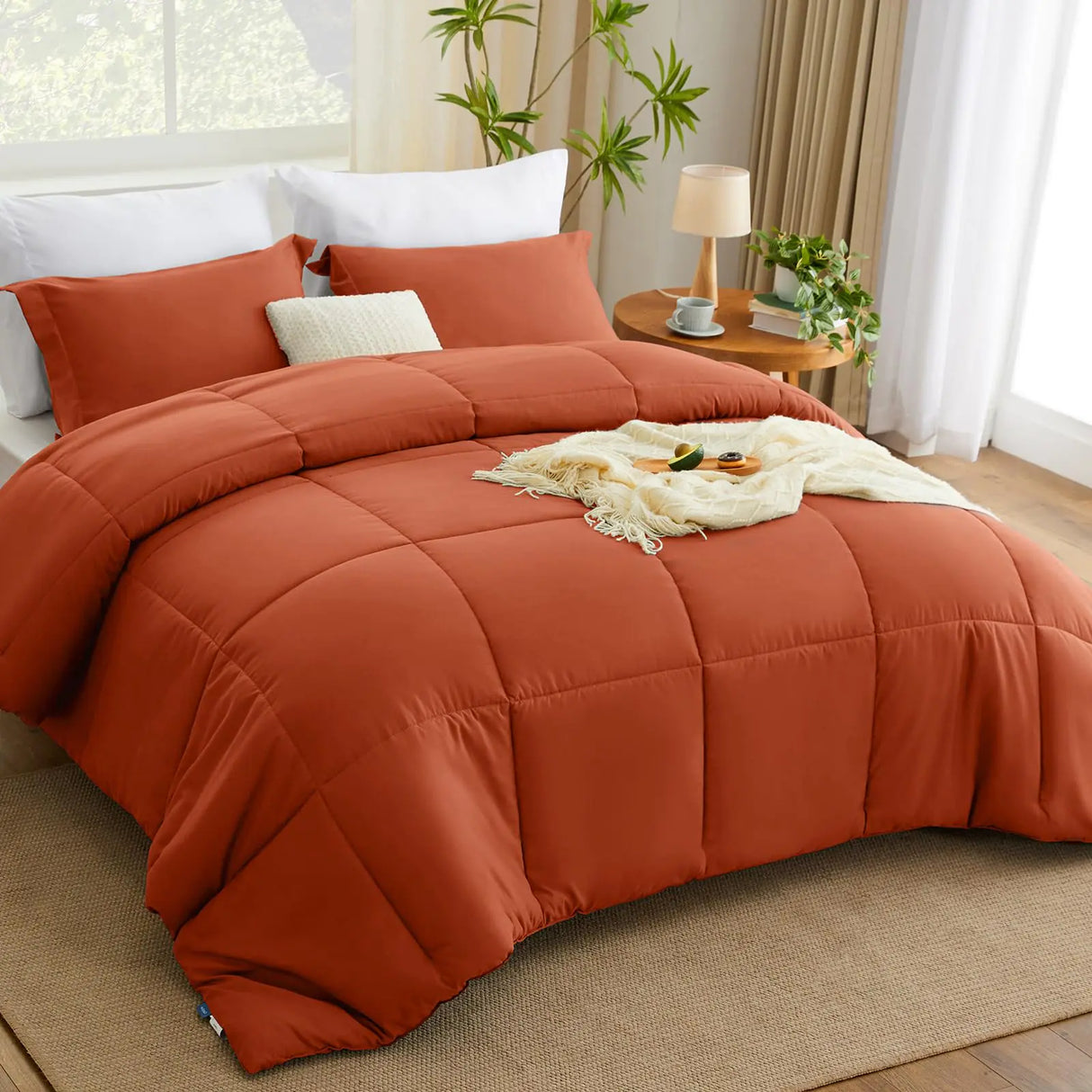 CozyLux King Size Comforter Sets - Terracotta Comforter King Size 3 Pieces Burnt Orange Box Stitched Bed Set for All Seasons Soft Bedding Sets with 1 Down Alternative Comforter and 2 Pillow Shams
