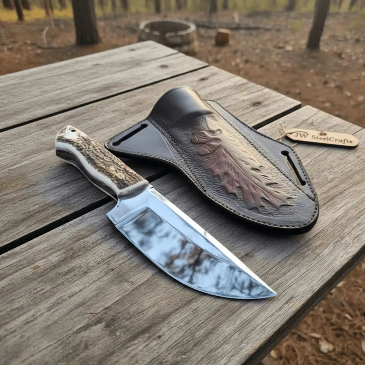 Stag Handle Hunting Knife β Stainless Steel or Damascus Blade | Leather Sheath | JW SteelCrafts