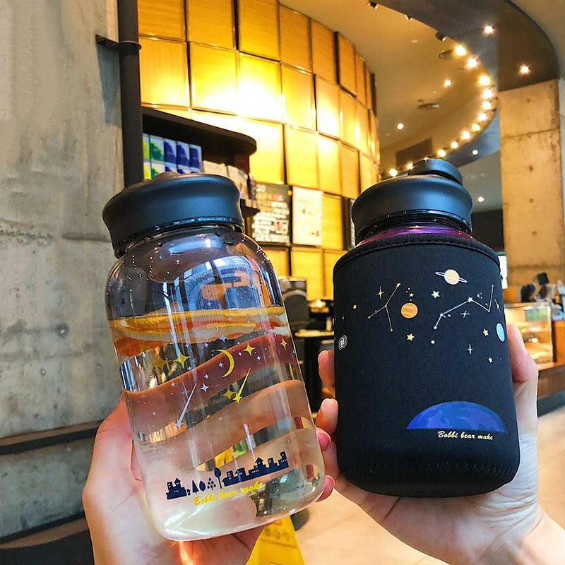 Starry Sky Gradient Glass Water Bottle With Protective Bag Cute Fashion Leak Proof Water Cup for Girls Sport Drink Bottles Creative Glass Water Bottle Portable Outdoor Sport Water Bottles