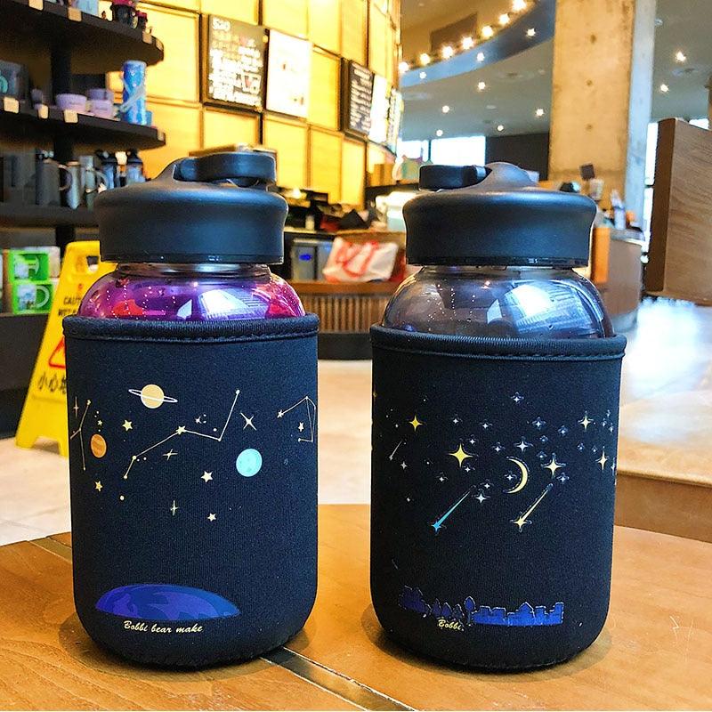 Starry Sky Gradient Glass Water Bottle With Protective Bag Cute Fashion Leak Proof Water Cup for Girls Sport Drink Bottles Creative Glass Water Bottle Portable Outdoor Sport Water Bottles