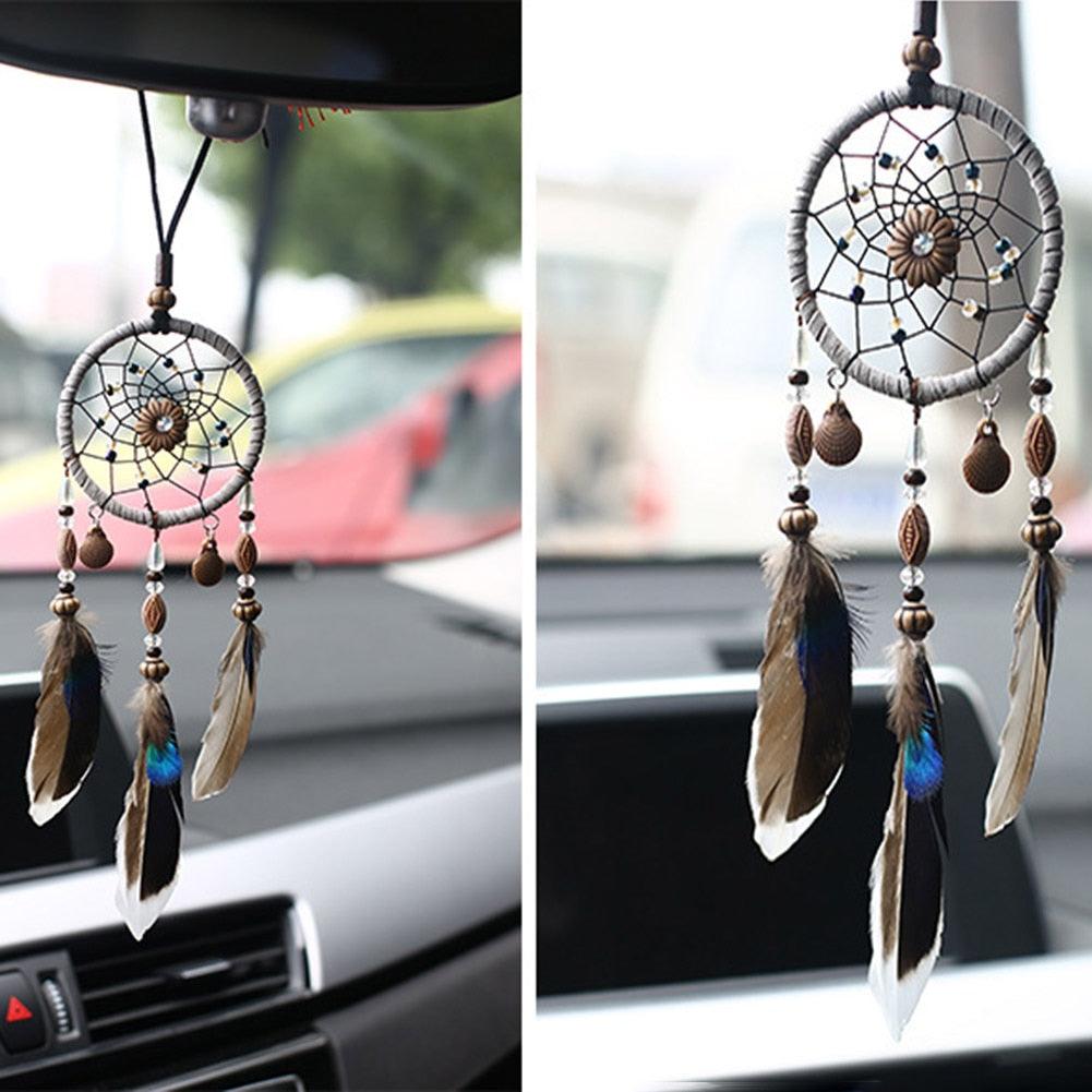 Stylish Hangings Dream Catcher Interior Rear-view Mirror Hanging Decor Car Pendant Grids Nature Feather Wind Chimes Round Ring Circle Handmade Home Decorations Handcrafts Car Charms Pendant Accessories