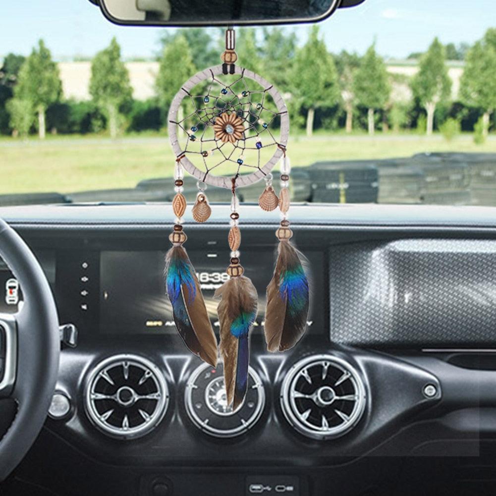 Stylish Hangings Dream Catcher Interior Rear-view Mirror Hanging Decor Car Pendant Grids Nature Feather Wind Chimes Round Ring Circle Handmade Home Decorations Handcrafts Car Charms Pendant Accessories