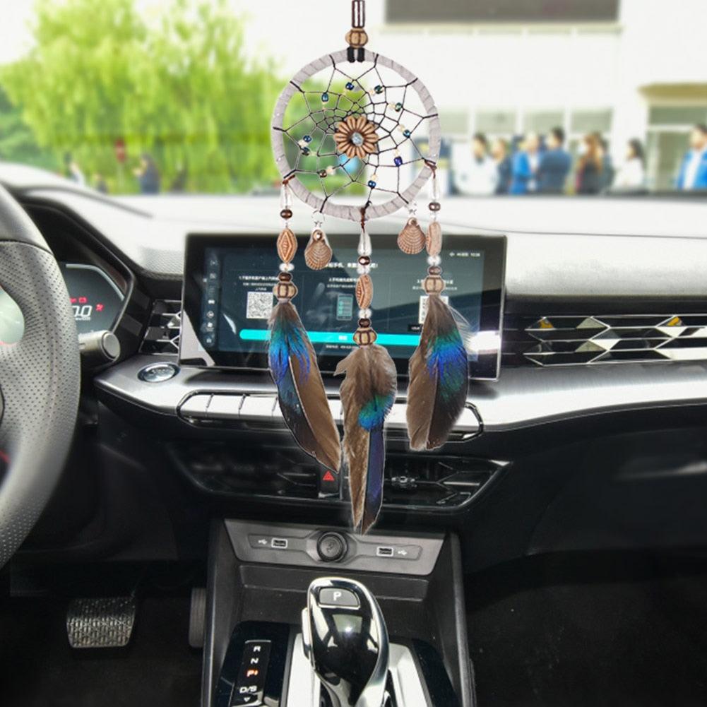 Stylish Hangings Dream Catcher Interior Rear-view Mirror Hanging Decor Car Pendant Grids Nature Feather Wind Chimes Round Ring Circle Handmade Home Decorations Handcrafts Car Charms Pendant Accessories