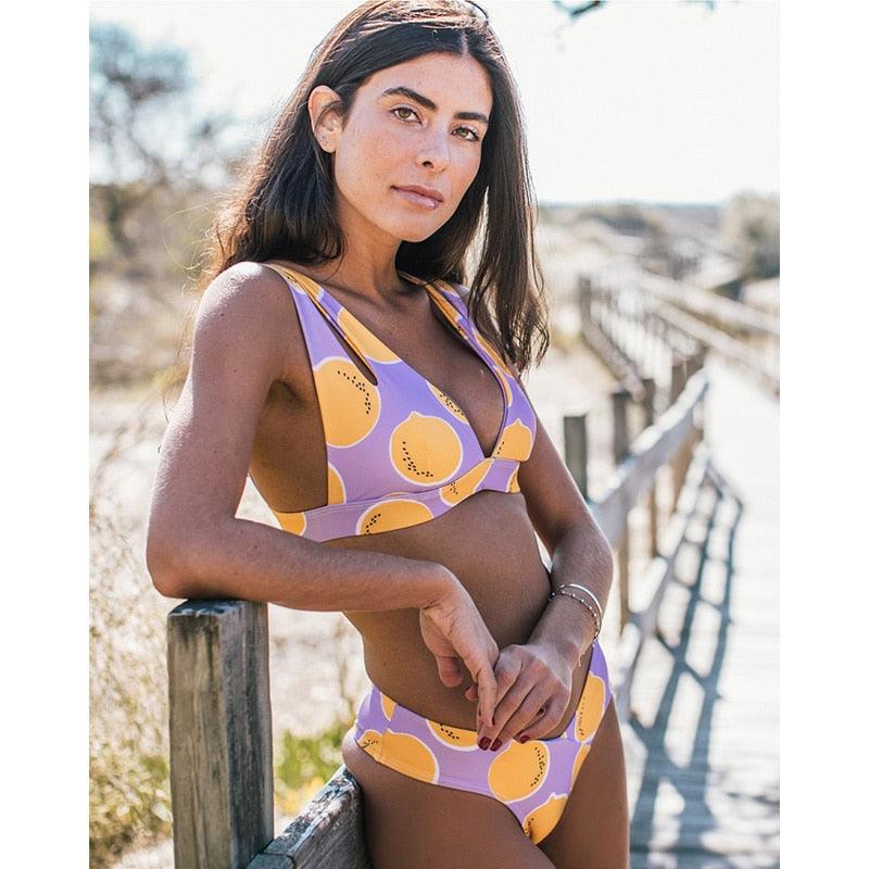 Summer Bikini Stylish Swimwear Women Halter Push Up Bikini Women's Neck Triangle Bikini Set Leopard Print Two Piece Swimsuits Set Swimsuit Female Lemon Print Bandage Bathing Suit