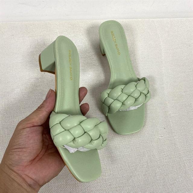 Summer Solid Weave Women Square Heel Sandal Fashion Thick High Heels Outdoor Party Slides Sandals Womens Open Toe Flat Slip-on Leather Weave Casual Walking Slippers Flip Flop