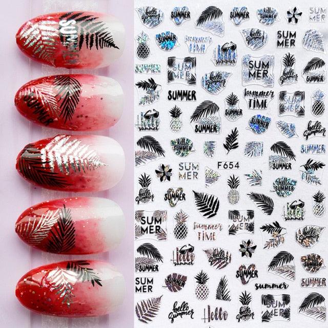 Summer Tropical Beach Coconut Tree Slippers 3D Nail Sticker Leaves Shell Transfer Decals Slider Decoration Manicures Tip Water Transfer Nail Decals Sticker For Pretty Girl Self-Adhesive Nail Decals Designer Nail Stickers for Acrylic
