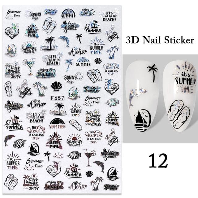 Summer Tropical Beach Coconut Tree Slippers 3D Nail Sticker Leaves Shell Transfer Decals Slider Decoration Manicures Tip Water Transfer Nail Decals Sticker For Pretty Girl Self-Adhesive Nail Decals Designer Nail Stickers for Acrylic