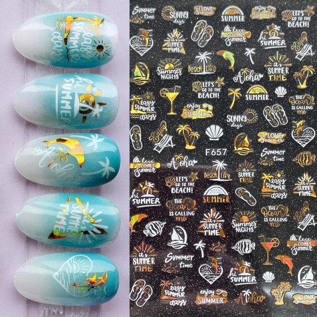 Summer Tropical Beach Coconut Tree Slippers 3D Nail Sticker Leaves Shell Transfer Decals Slider Decoration Manicures Tip Water Transfer Nail Decals Sticker For Pretty Girl Self-Adhesive Nail Decals Designer Nail Stickers for Acrylic