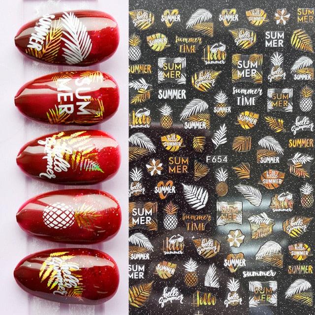 Summer Tropical Beach Coconut Tree Slippers 3D Nail Sticker Leaves Shell Transfer Decals Slider Decoration Manicures Tip Water Transfer Nail Decals Sticker For Pretty Girl Self-Adhesive Nail Decals Designer Nail Stickers for Acrylic