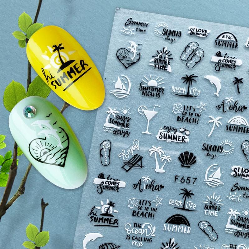 Summer Tropical Beach Coconut Tree Slippers 3D Nail Sticker Leaves Shell Transfer Decals Slider Decoration Manicures Tip Water Transfer Nail Decals Sticker For Pretty Girl Self-Adhesive Nail Decals Designer Nail Stickers for Acrylic