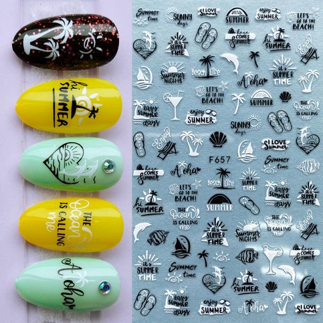 Summer Tropical Beach Coconut Tree Slippers 3D Nail Sticker Leaves Shell Transfer Decals Slider Decoration Manicures Tip Water Transfer Nail Decals Sticker For Pretty Girl Self-Adhesive Nail Decals Designer Nail Stickers for Acrylic