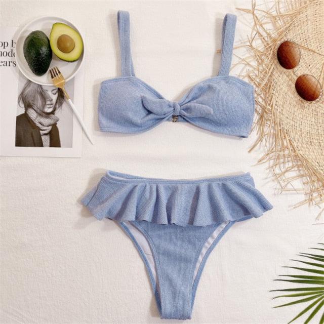Swimsuit Women Ruffle Bikini Summer Two Pieces Solid Pink Swimwear Push Up Bather Suit Women Charming Color Tummy Control Swimwear Plus Size Swim Dress Swimsuit Two Piece Bathing Suits