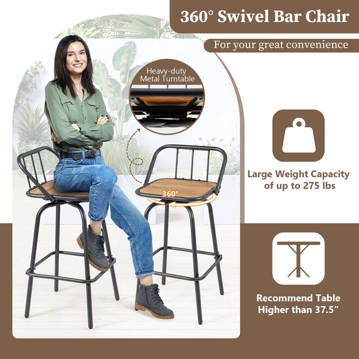 360 ° Swivel Bar Stool Set of 2 with Footrest and Backrest-Balck & Natural
