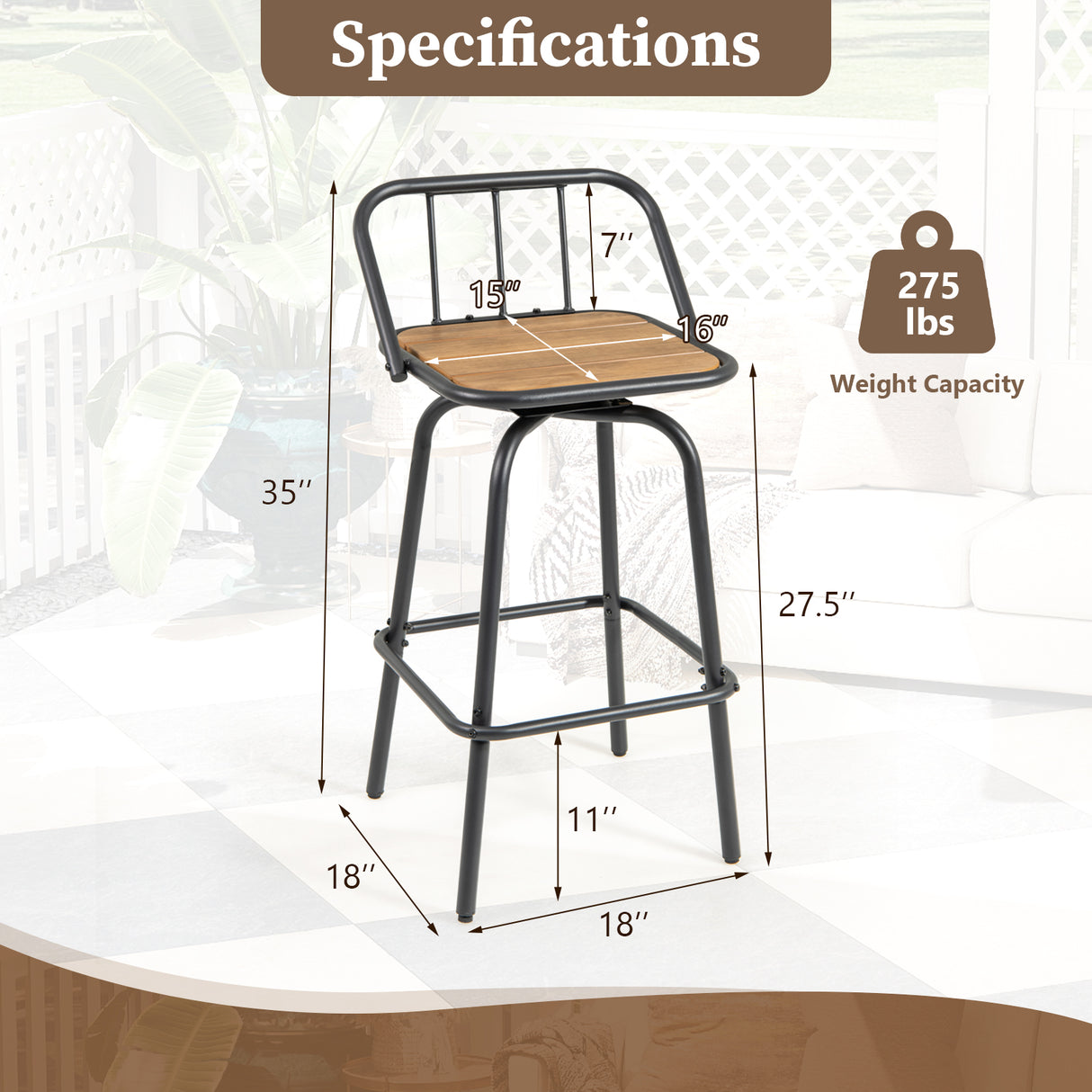 360 ° Swivel Bar Stool Set of 2 with Footrest and Backrest-Balck & Natural