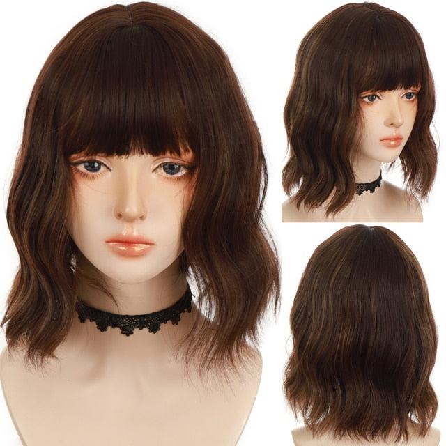 Synthetic Wigs For Women Daily Cosplay Long Water Wave Lolita Wig With Bangs Cold Brown Heat Resistant Hair Bob Wigs For Black Women Cosplay Wigs For Women Gifts for Girlfriends