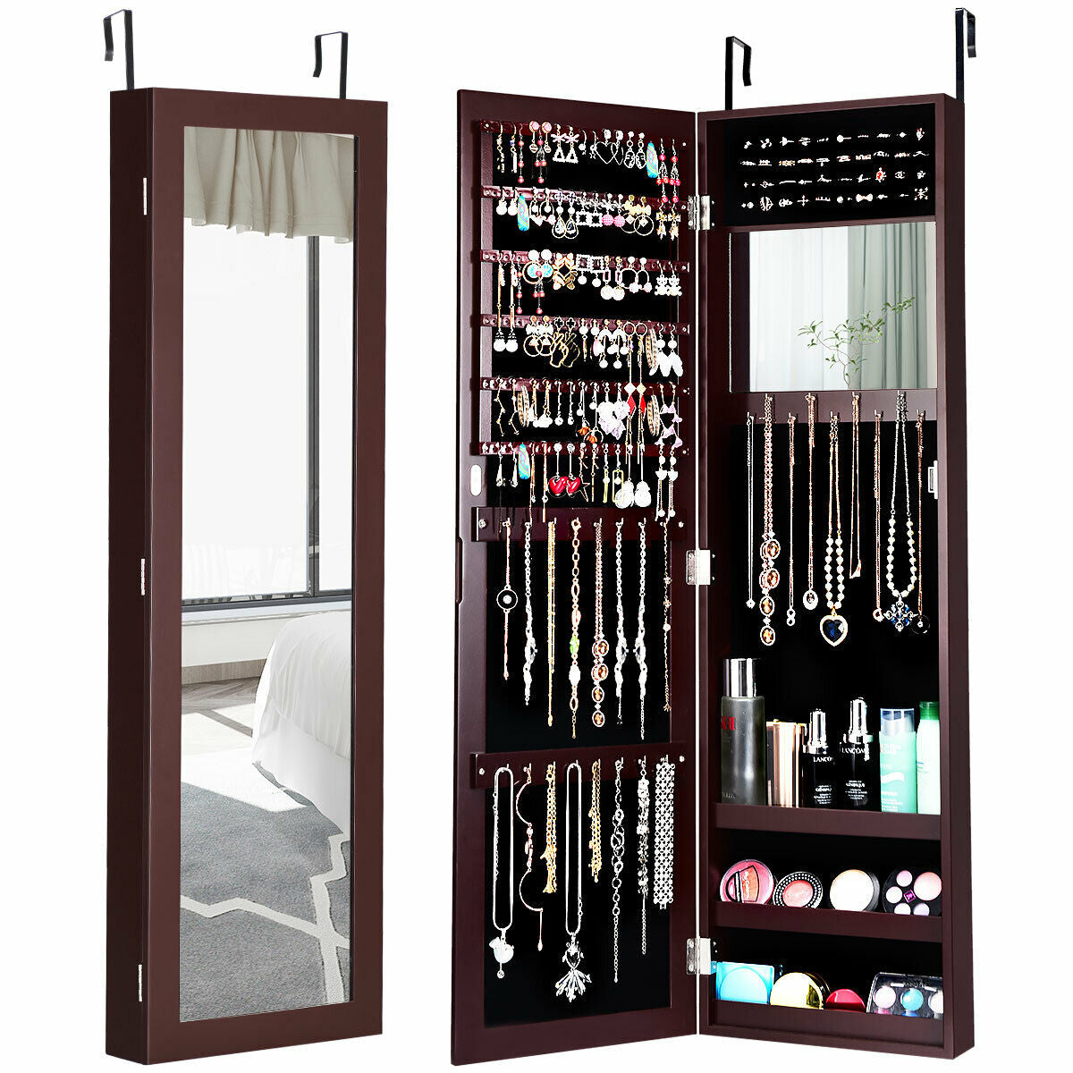 Full Length Mirror Jewelry Cabinet with Ring Slots and Necklace Hooks-Black