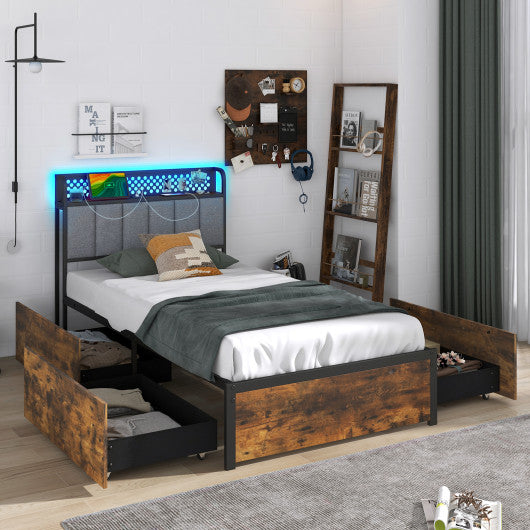 Twin/Full/Queen Bed Frame with LED Lights Upholstered Headboard and 4 Storage Drawers-Twin size