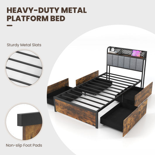 Twin/Full/Queen Bed Frame with LED Lights Upholstered Headboard and 4 Storage Drawers-Twin size