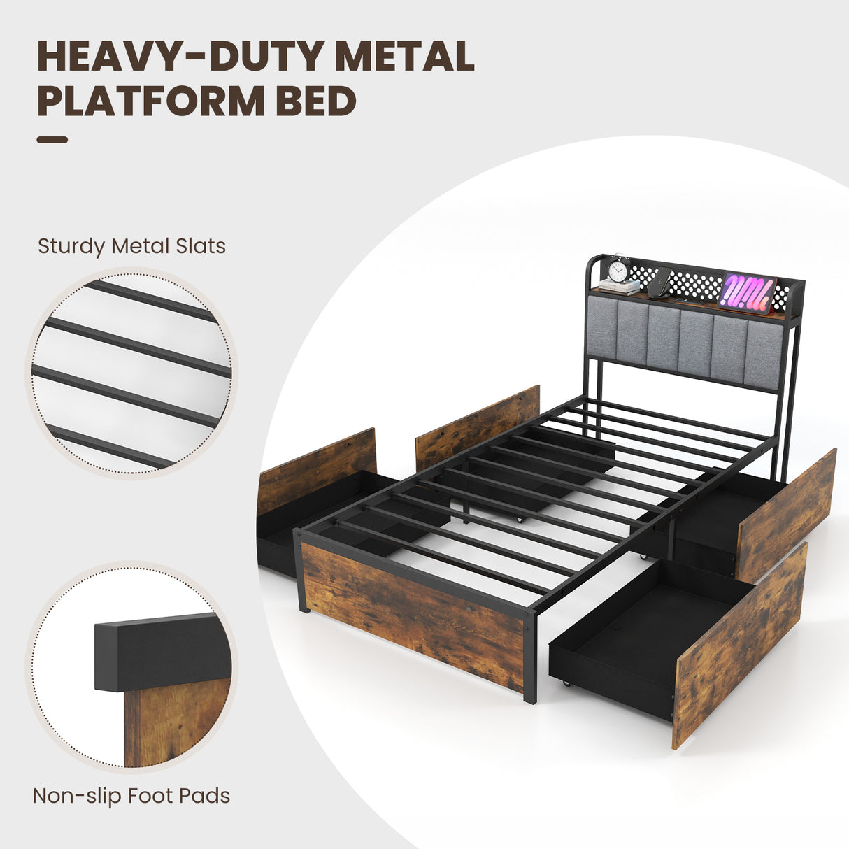 Twin/Full/Queen Bed Frame with LED Lights Upholstered Headboard and 4 Storage Drawers-Twin size