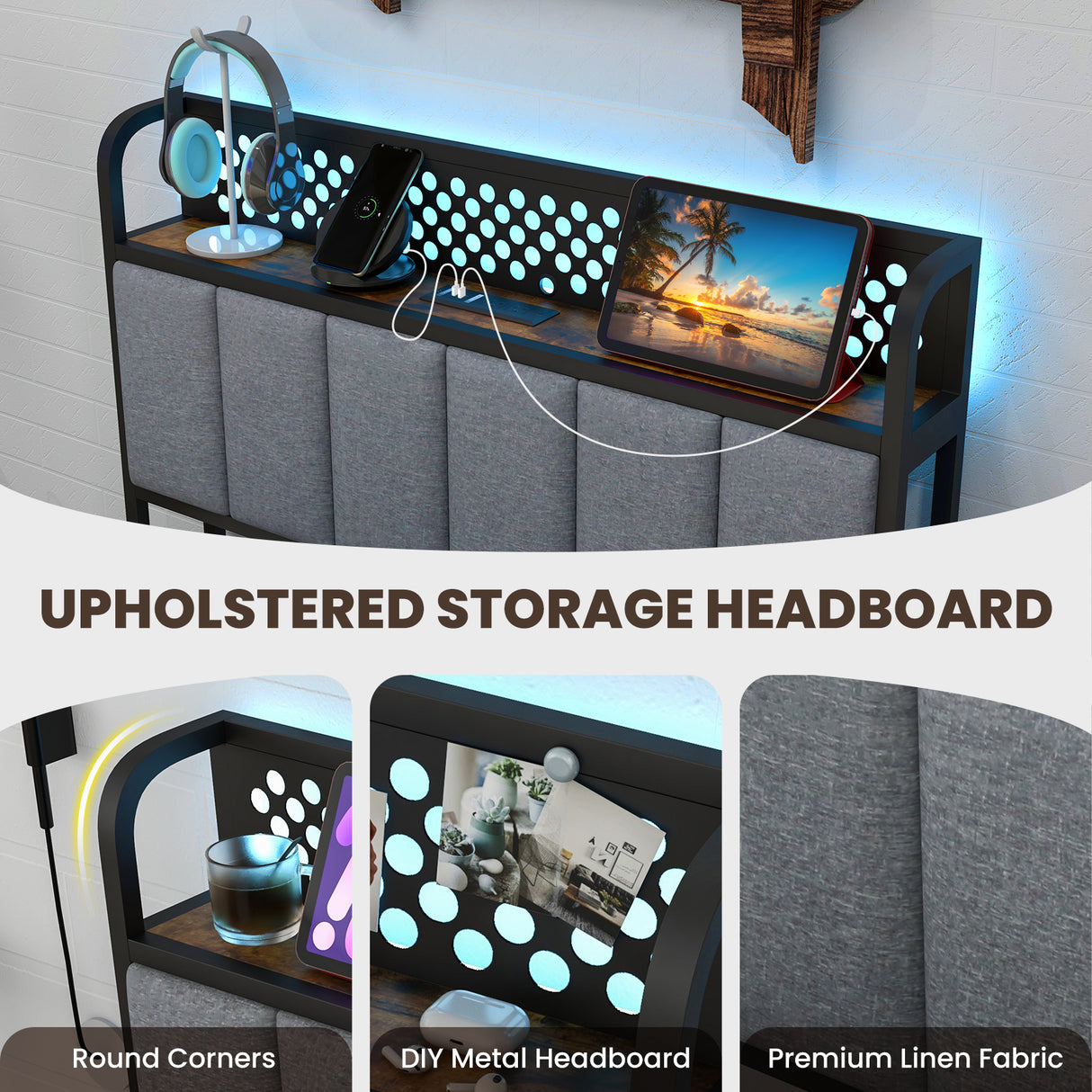 Twin/Full/Queen Bed Frame with LED Lights Upholstered Headboard and 4 Storage Drawers-Twin size