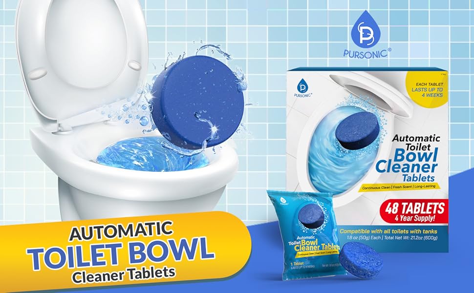 Automatic Toilet Bowl Cleaner Tablets Blue Gel Toilet Tank Cleaners, Septic-Safe Hard Water Ring Stain Remover, Smell Eliminator Heavy Duty Toilet Cleaning & Deodorizer, Fresh Scent - 48 Tabs by Pursonic