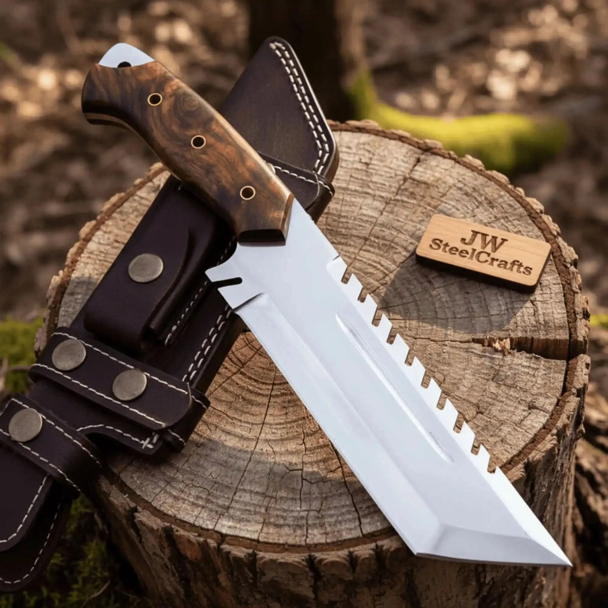 Tracker knife Full Tang Fixed Blade Knife β Stainless Steel Blade & Burl Wood Handle | JW SteelCrafts