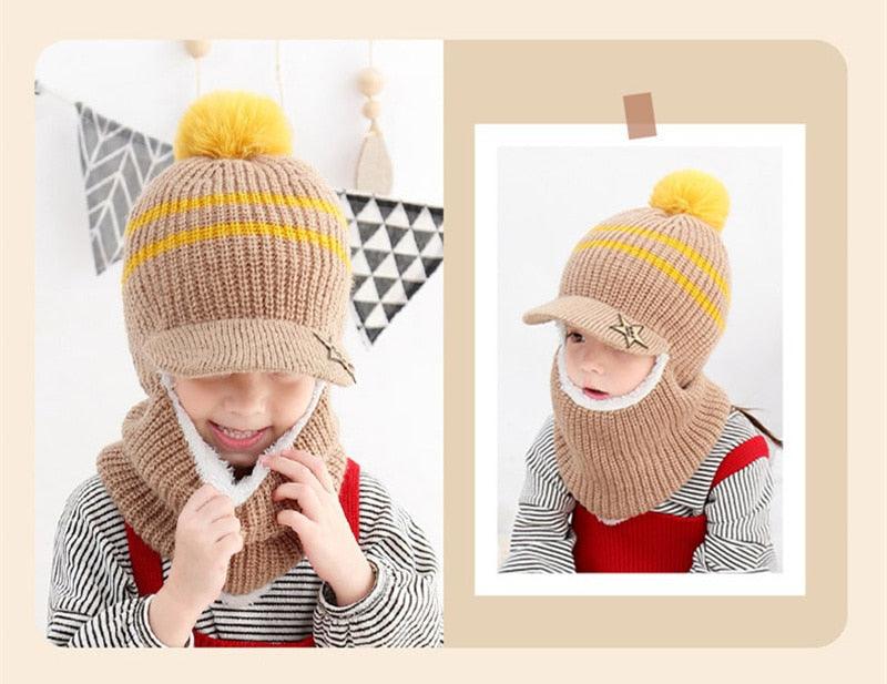 Thick Knitted Acrylic Winter Beanie Hats For Kids Child Outdoor Warm Balaclava Cap Girls Boys Bib Mask Face Cover Hairball Hat Beanie Cap Mask Scarf Hat Set Outdoor Sport Warm Beanies Hat For Men Knitted Hats Bandana Hiking Camping Kid Neck Warmer Cap