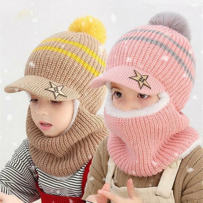 Thick Knitted Acrylic Winter Beanie Hats For Kids Child Outdoor Warm Balaclava Cap Girls Boys Bib Mask Face Cover Hairball Hat Beanie Cap Mask Scarf Hat Set Outdoor Sport Warm Beanies Hat For Men Knitted Hats Bandana Hiking Camping Kid Neck Warmer Cap