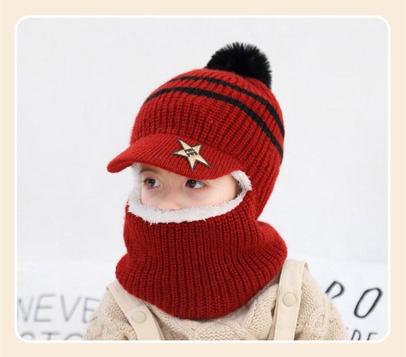 Thick Knitted Acrylic Winter Beanie Hats For Kids Child Outdoor Warm Balaclava Cap Girls Boys Bib Mask Face Cover Hairball Hat Beanie Cap Mask Scarf Hat Set Outdoor Sport Warm Beanies Hat For Men Knitted Hats Bandana Hiking Camping Kid Neck Warmer Cap