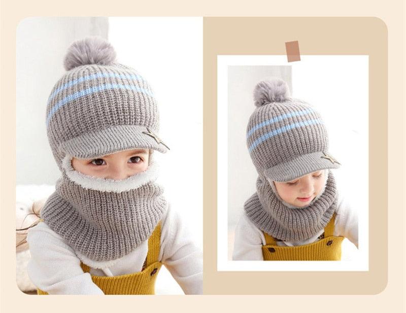 Thick Knitted Acrylic Winter Beanie Hats For Kids Child Outdoor Warm Balaclava Cap Girls Boys Bib Mask Face Cover Hairball Hat Beanie Cap Mask Scarf Hat Set Outdoor Sport Warm Beanies Hat For Men Knitted Hats Bandana Hiking Camping Kid Neck Warmer Cap