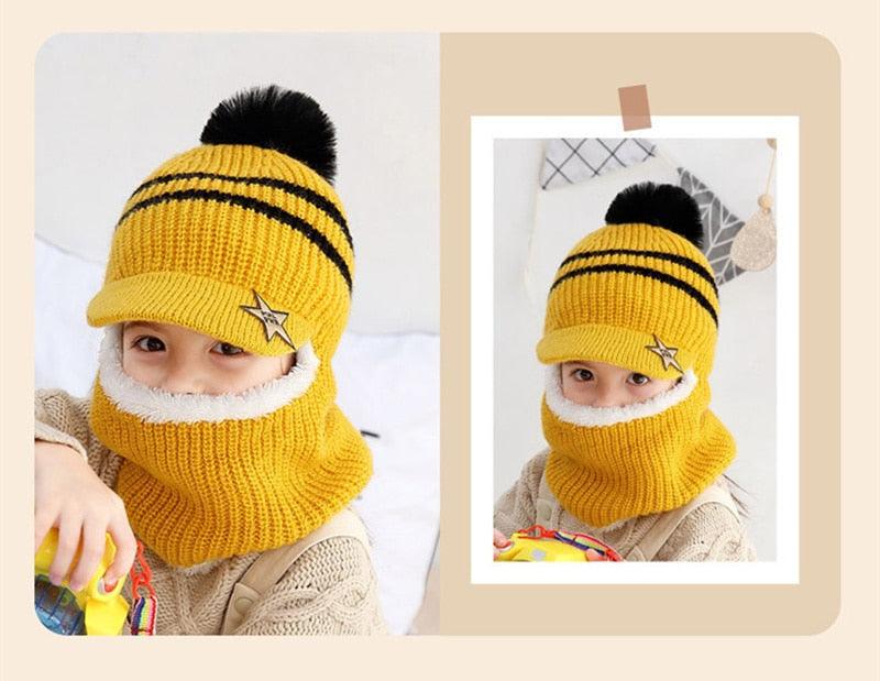 Thick Knitted Acrylic Winter Beanie Hats For Kids Child Outdoor Warm Balaclava Cap Girls Boys Bib Mask Face Cover Hairball Hat Beanie Cap Mask Scarf Hat Set Outdoor Sport Warm Beanies Hat For Men Knitted Hats Bandana Hiking Camping Kid Neck Warmer Cap