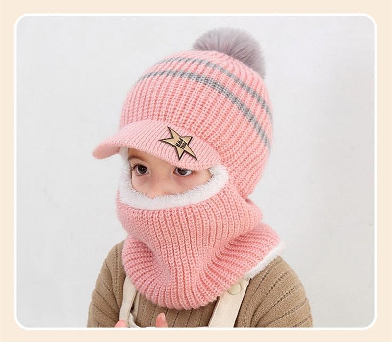 Thick Knitted Acrylic Winter Beanie Hats For Kids Child Outdoor Warm Balaclava Cap Girls Boys Bib Mask Face Cover Hairball Hat Beanie Cap Mask Scarf Hat Set Outdoor Sport Warm Beanies Hat For Men Knitted Hats Bandana Hiking Camping Kid Neck Warmer Cap