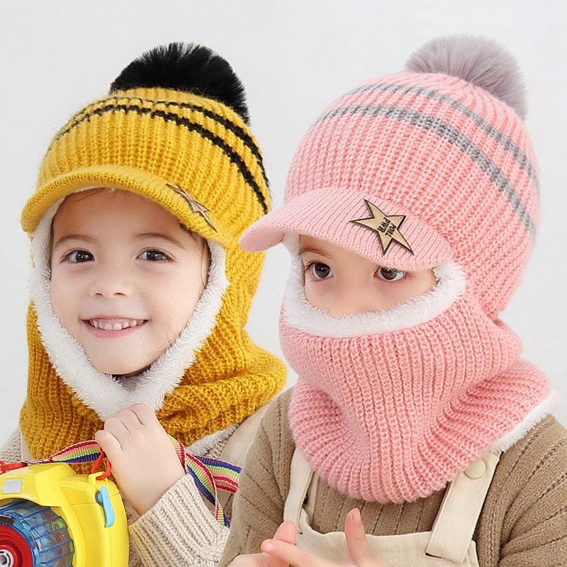 Thick Knitted Acrylic Winter Beanie Hats For Kids Child Outdoor Warm Balaclava Cap Girls Boys Bib Mask Face Cover Hairball Hat Beanie Cap Mask Scarf Hat Set Outdoor Sport Warm Beanies Hat For Men Knitted Hats Bandana Hiking Camping Kid Neck Warmer Cap