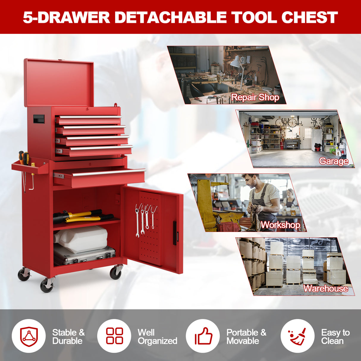 2-in-1 Tool Chest and Cabinet with 5 Sliding Drawers-Black