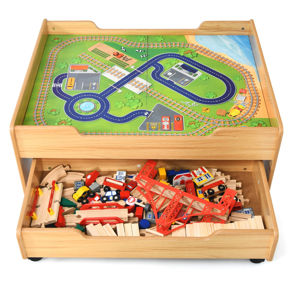 Kids Wooden Train Set Table with 100 Multicolor Pieces and Lockable Wheels