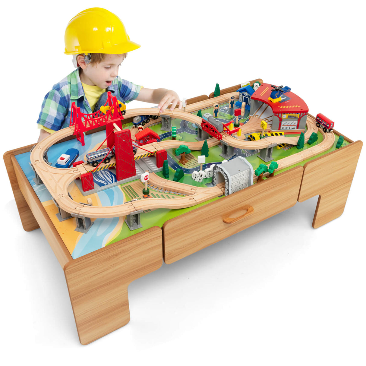 100-Piece Double-Sided Wooden Train Set Table with Storage Drawer for Kids Age 3 +