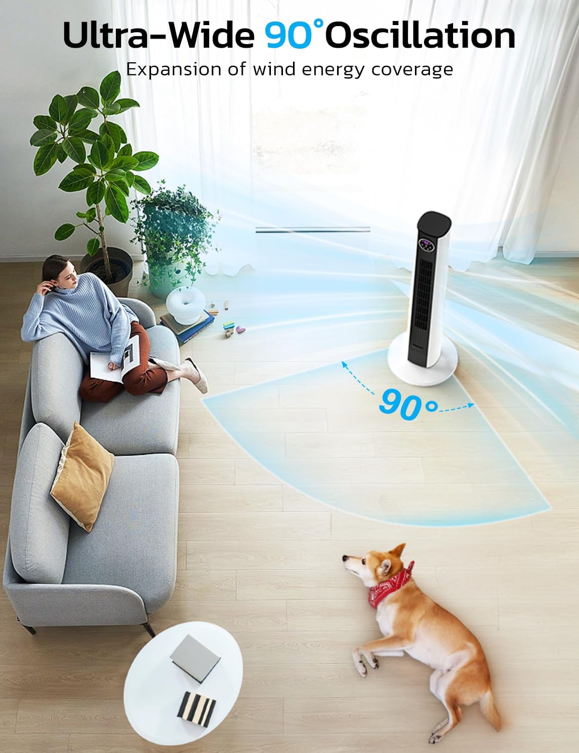 Tower Fan for Bedroom, 90° Oscillating Fan with 12H Timer, 37”Standing Fans with Remote, Bladeless Fan with 4 Modes & 3 Speeds