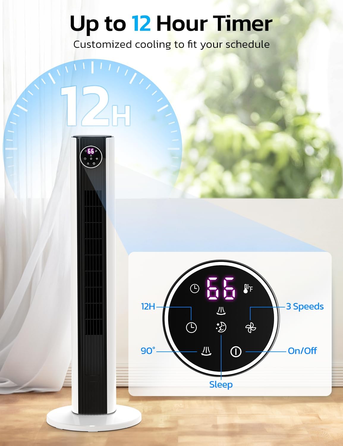 Tower Fan for Bedroom, 90° Oscillating Fan with 12H Timer, 37”Standing Fans with Remote, Bladeless Fan with 4 Modes & 3 Speeds
