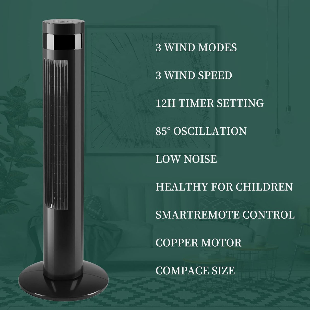 Tower Fan Portable Electric Oscillating Fan Quiet Cooling Remote Control Standing Bladeless Floor Fans 3 Speeds Wind Modes Timer