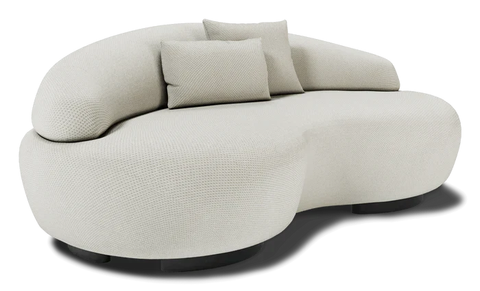The Rio Sofa is a contemporary, white, two-seater with a sleek, rounded design and three plush cushions. It has dark, round legs and a textured fabric surface, making it both stylish and modern.