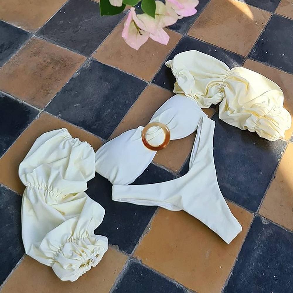 Trendy High Waist Bikini New Long Sleeve Swimsuit Women's Long Sleeve High Waist Off-Shoulder Swimwear Women Bubble Sleeve Bikinis Mesh Charming Beach Wear