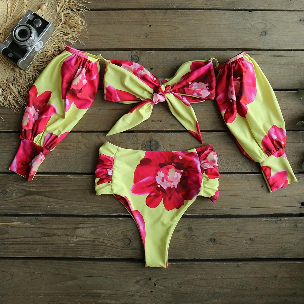 Trendy High Waist Bikini New Long Sleeve Swimsuit Women's Long Sleeve High Waist Off-Shoulder Swimwear Women Bubble Sleeve Bikinis Mesh Charming Beach Wear